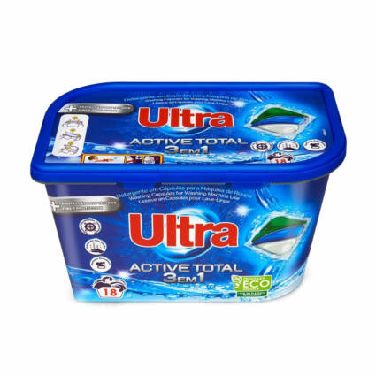 Detergente Roupa Maquina Cápsulas ultra tricamara Active Total 3em1 18D cx c/4unid - Supermercado - Cuidar da casa